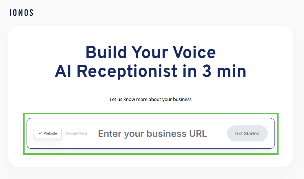 The Enter your business URL field is highlighted in the AI Receptionist setup.