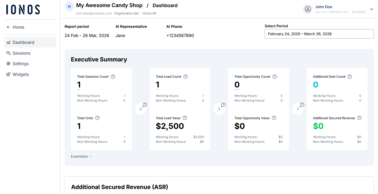 The IONOS AI Receptionist Dashboard.