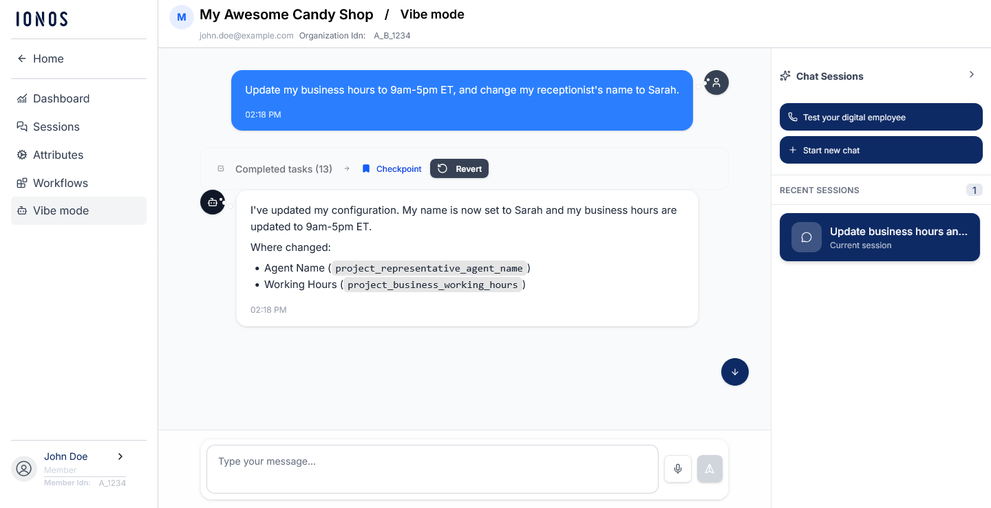 The IONOS AI Receptionist Vibe Mode.