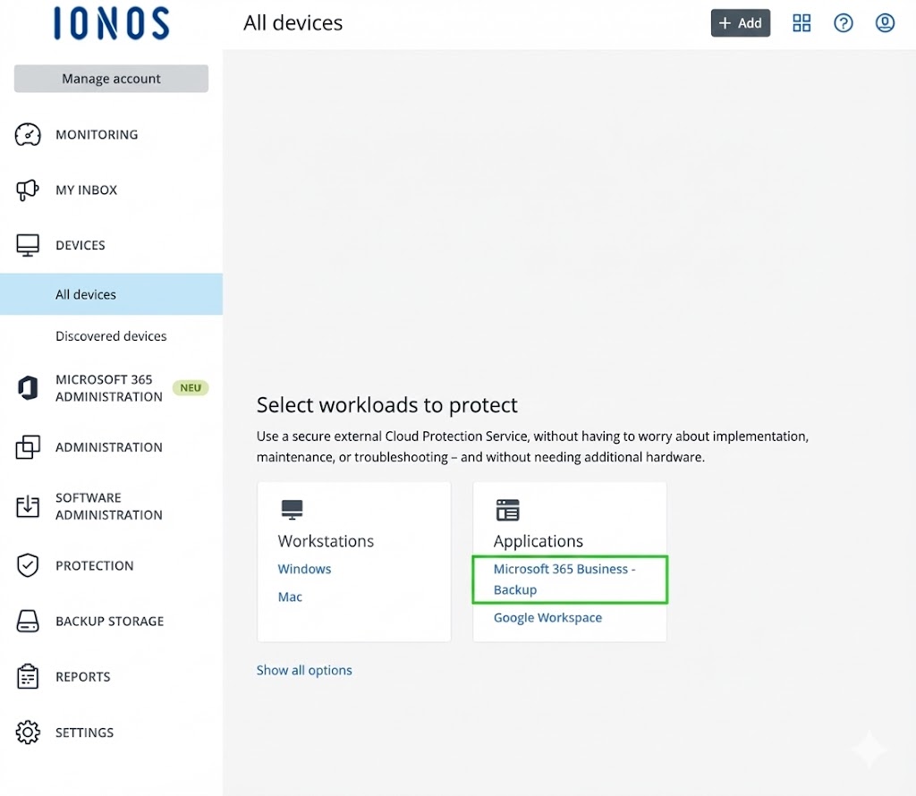The MyDefender administration with the Microsoft 365 Business Backup link highlighted.
