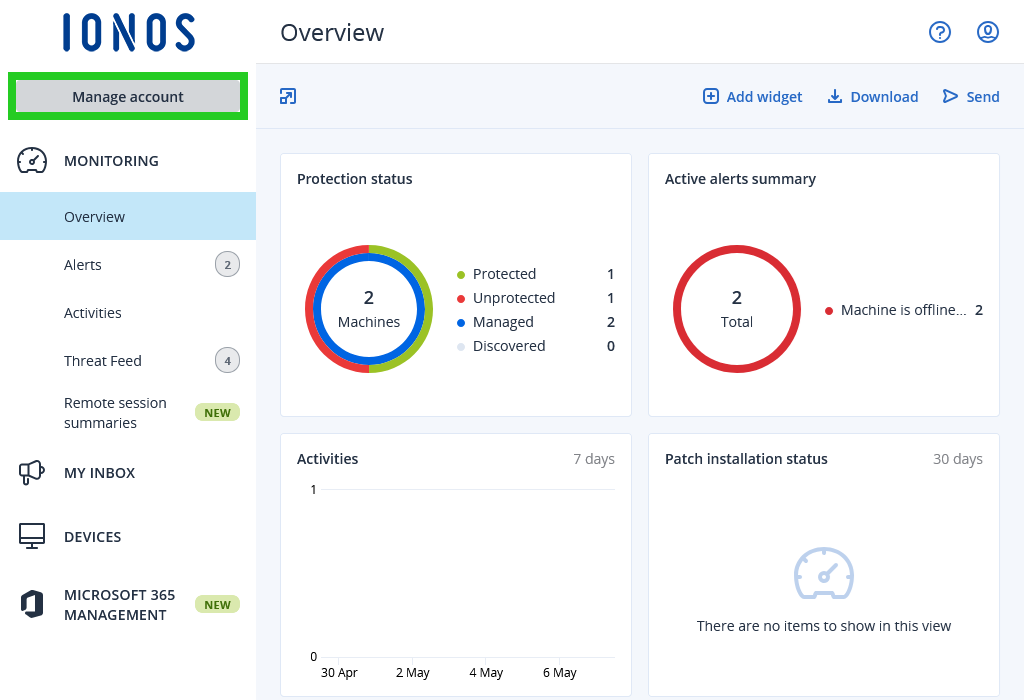 The Manage account button is highlighted in the top left corner of the Backup Console.