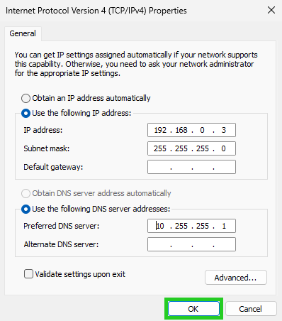 The Internet Protocol Version 4 (TCP/IPv4) Properties window with the OK button highlighted.