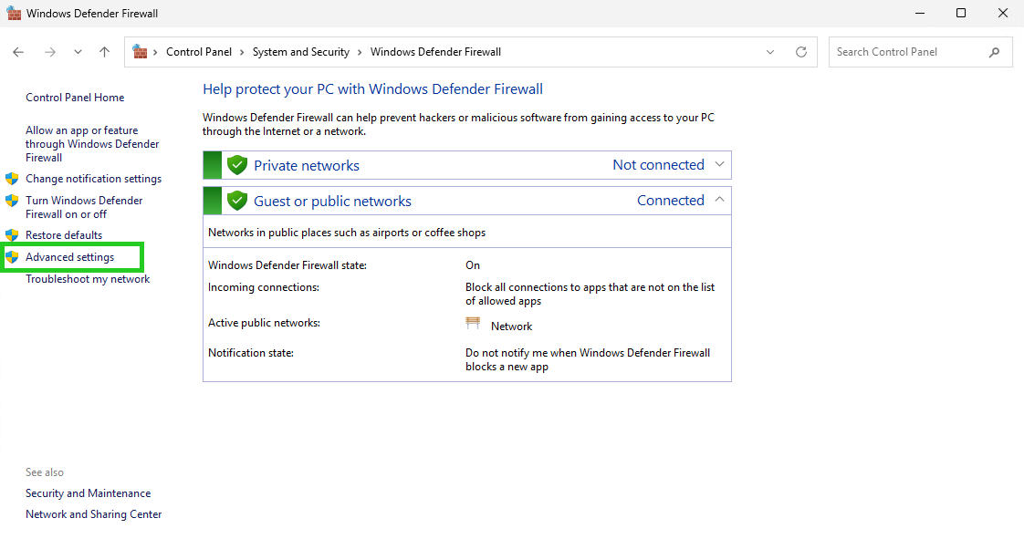 The Windows Defender Firewall section of the Control Panel, with the Advanced settings option highlighted.