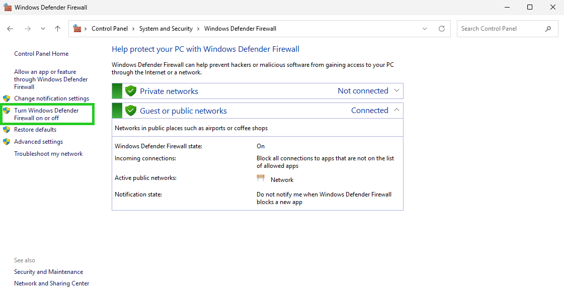 The Windows Defender Firewall section of the Control Panel, with the Turn Windows Defender Firewall on or off option highlighted.