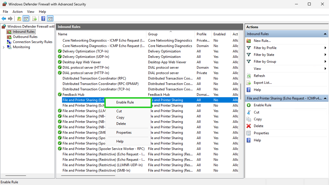 The Inbound Rules section of the Windows Defender Firewall with Advanced Security application, with Enable Rule highlighted within the File and Printer Sharing context menu.