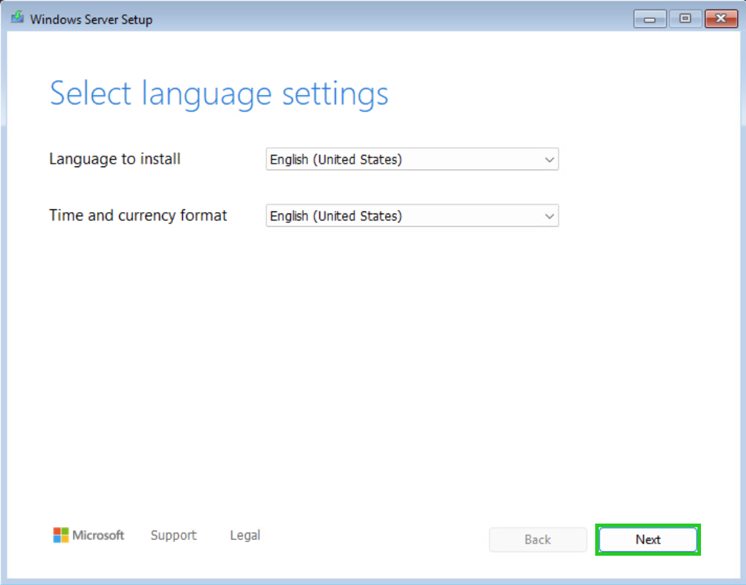 The language settings window of the Windows Server Setup application with the Next button highlighted.
