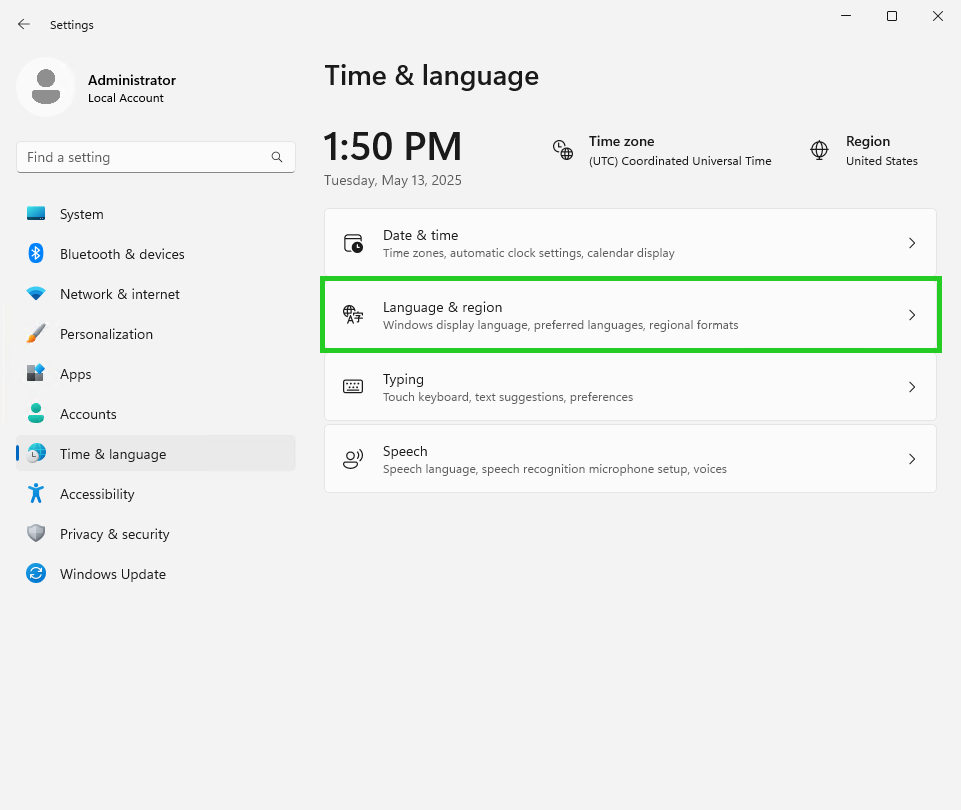 The Windows Server 2025 Time & language settings window with the Language & region option highlighted.