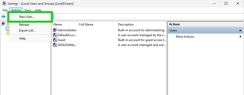The lusermgr application with the New User option highlighted within the Action menu.
