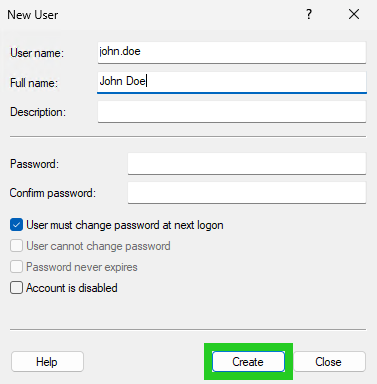The New User screen of the lusermgr application with the Create button highlighted.