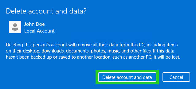 The Delete account and data? screen with the Delete account and data button highlighted.