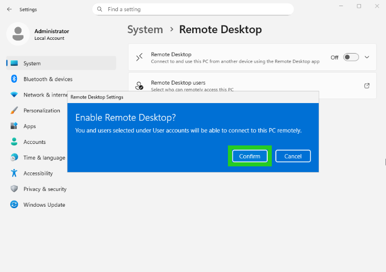 The Enable Remote Desktop? popup with the Confirm button highlighted.