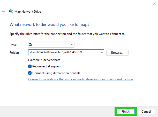 The Map Network Drive window with the Finish button highlighted.
