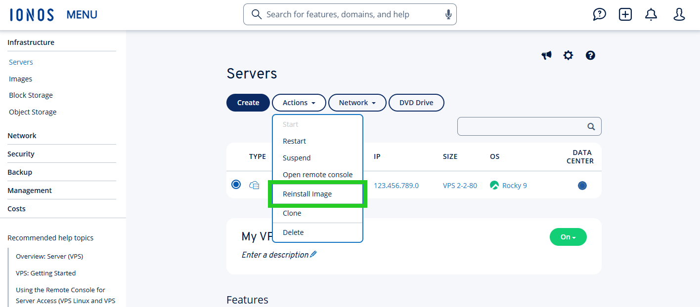 The Reinstall Image option is highlighted in the Actions menu.