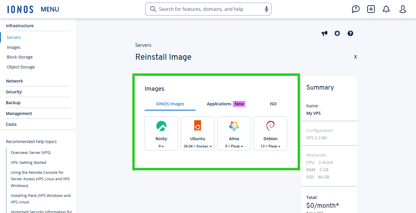 The Images area is highlighted on the Reinstall Image page.