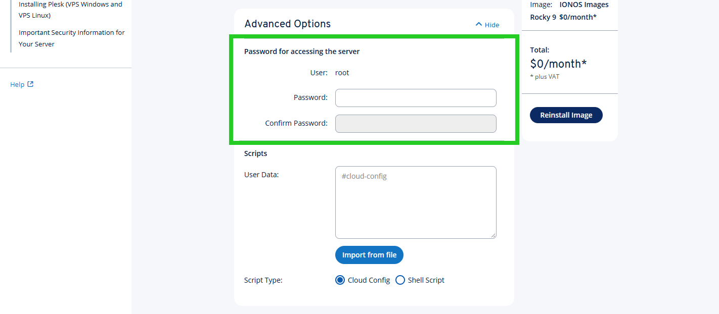 The password fields are highlighted in the Advanced Options section.