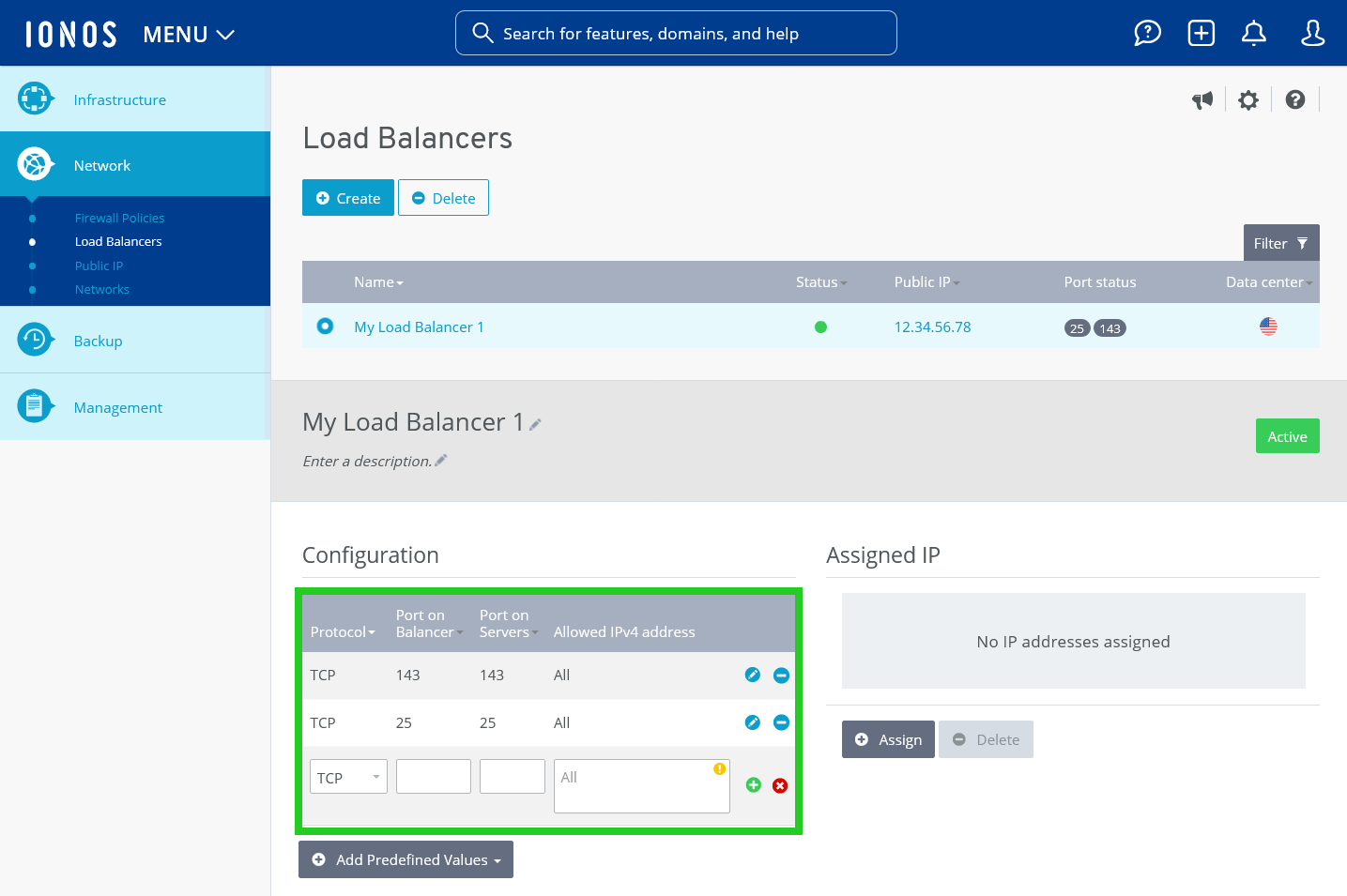 Screenshot: The Load Balancers page is displayed in the Cloud Panel. On this page, the section containing the load balancer description is highlighted.