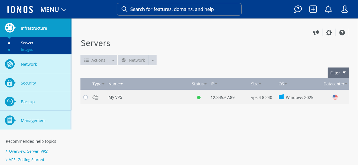 The Infrastructure page of the IONOS Cloud Panel.