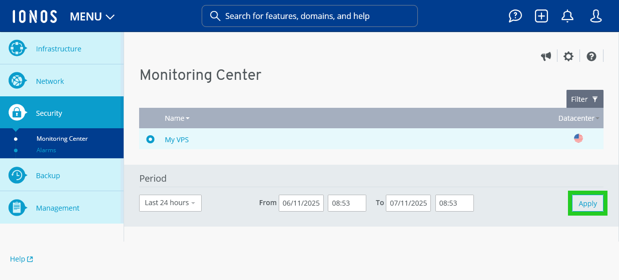 The Apply button is highlighted within the Period section of the IONOS Cloud Panel's Monitoring Center.