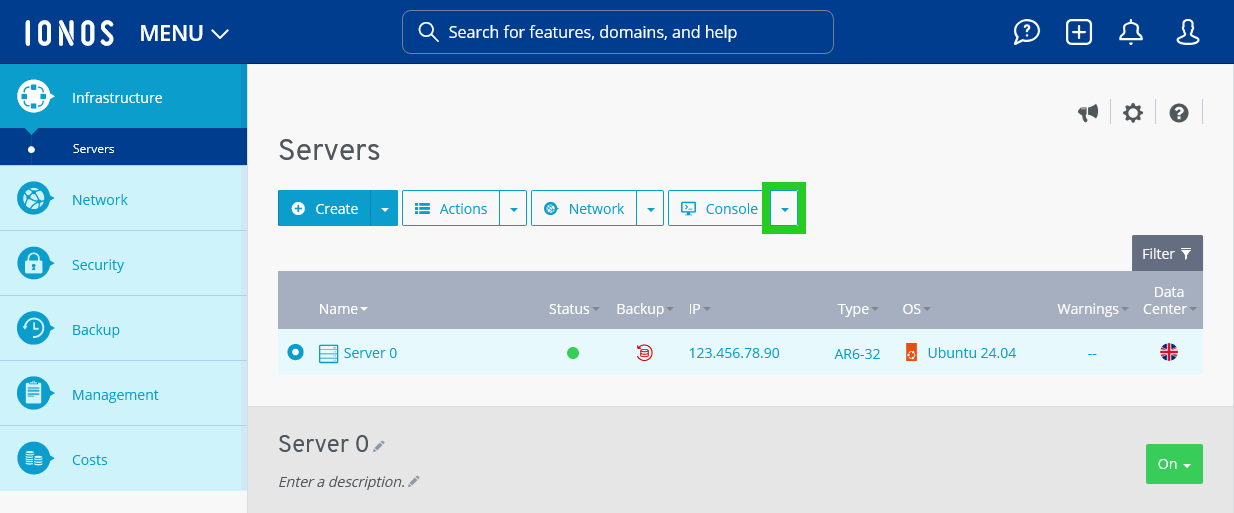 The down arrow is highlighted next to the Console button within the Cloud Panel.