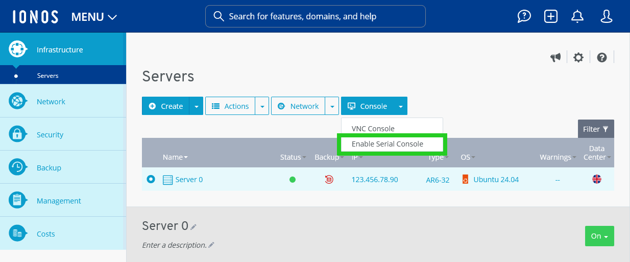 The Enable Serial Console menu option is highlighted.