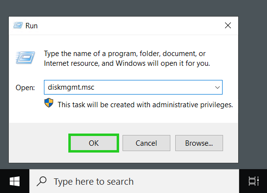 The Windows Run app with the OK button highlighted.