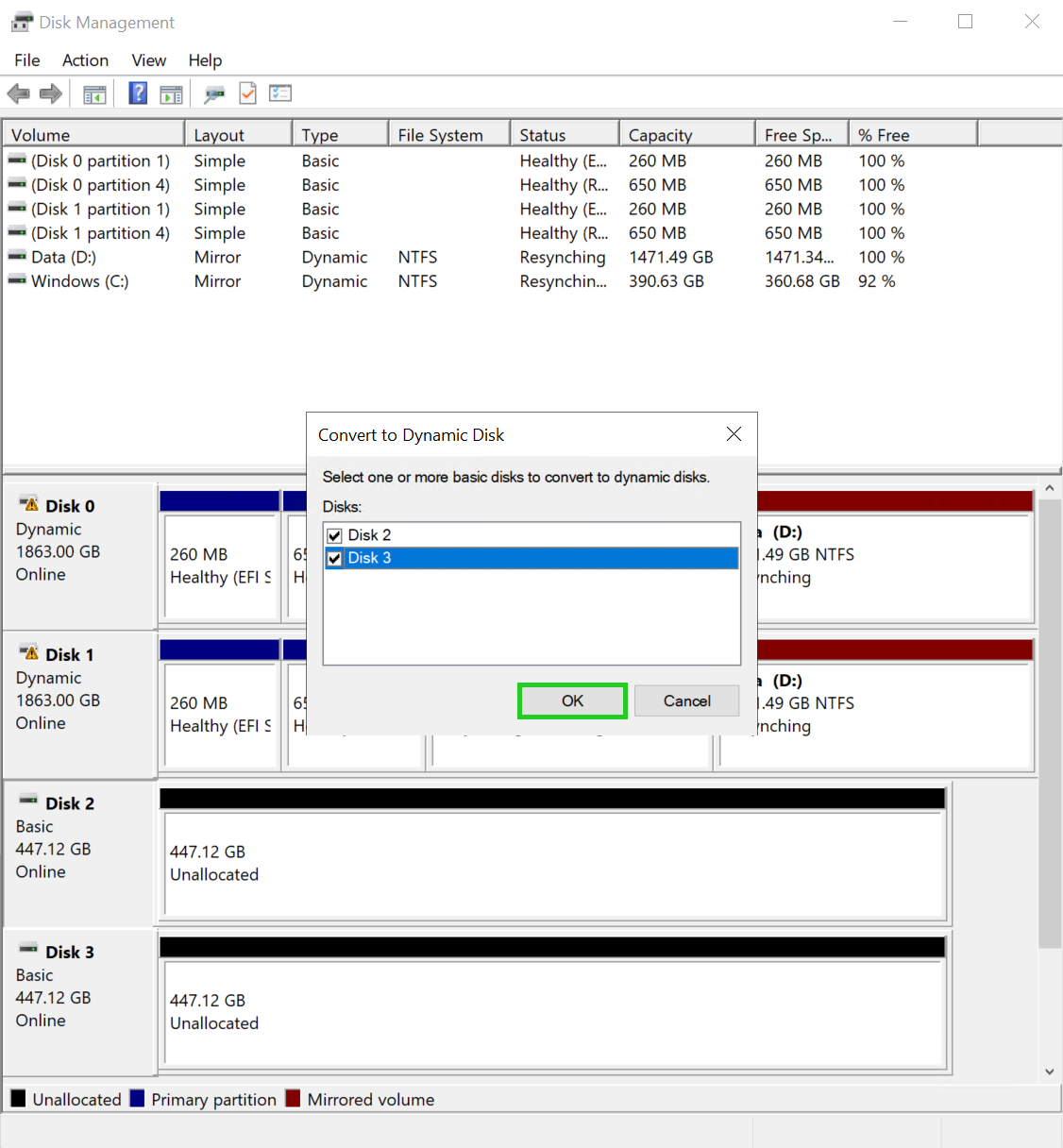 The Convert to Dynamic Disk window of Disk Management with the OK button highlighted.