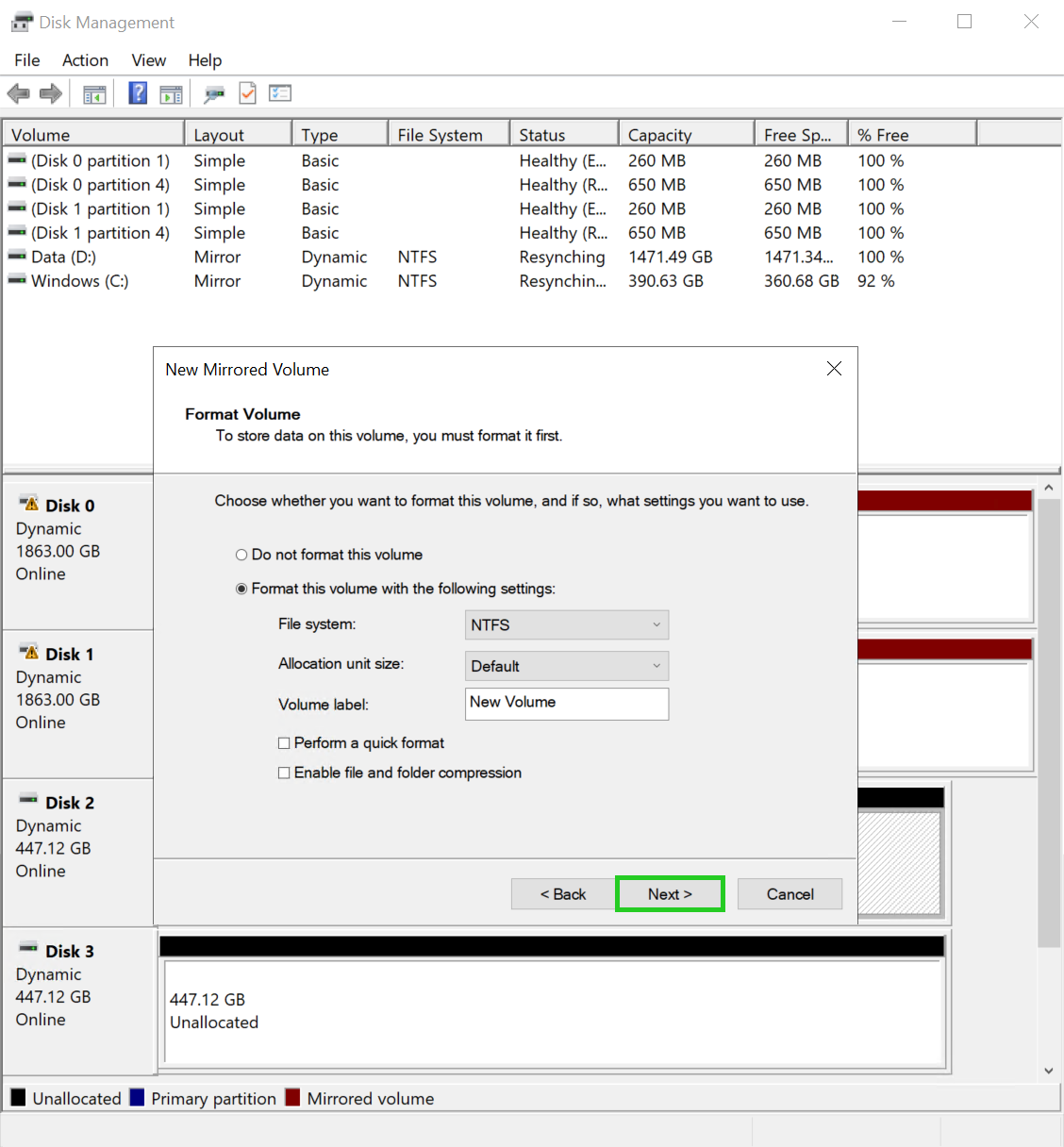 The New Mirrored Volume wizard with the Next button highlighted.