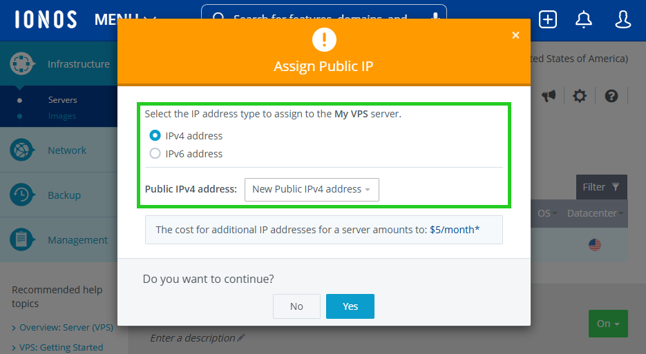 A screenshot of the 'Assign Public IP' screen within the IONOS Cloud Panel