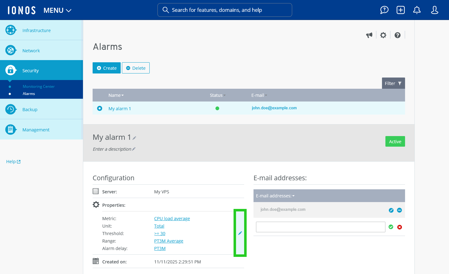 The Alarms section of the IONOS Cloud Panel with the edit configuration button highlighted.