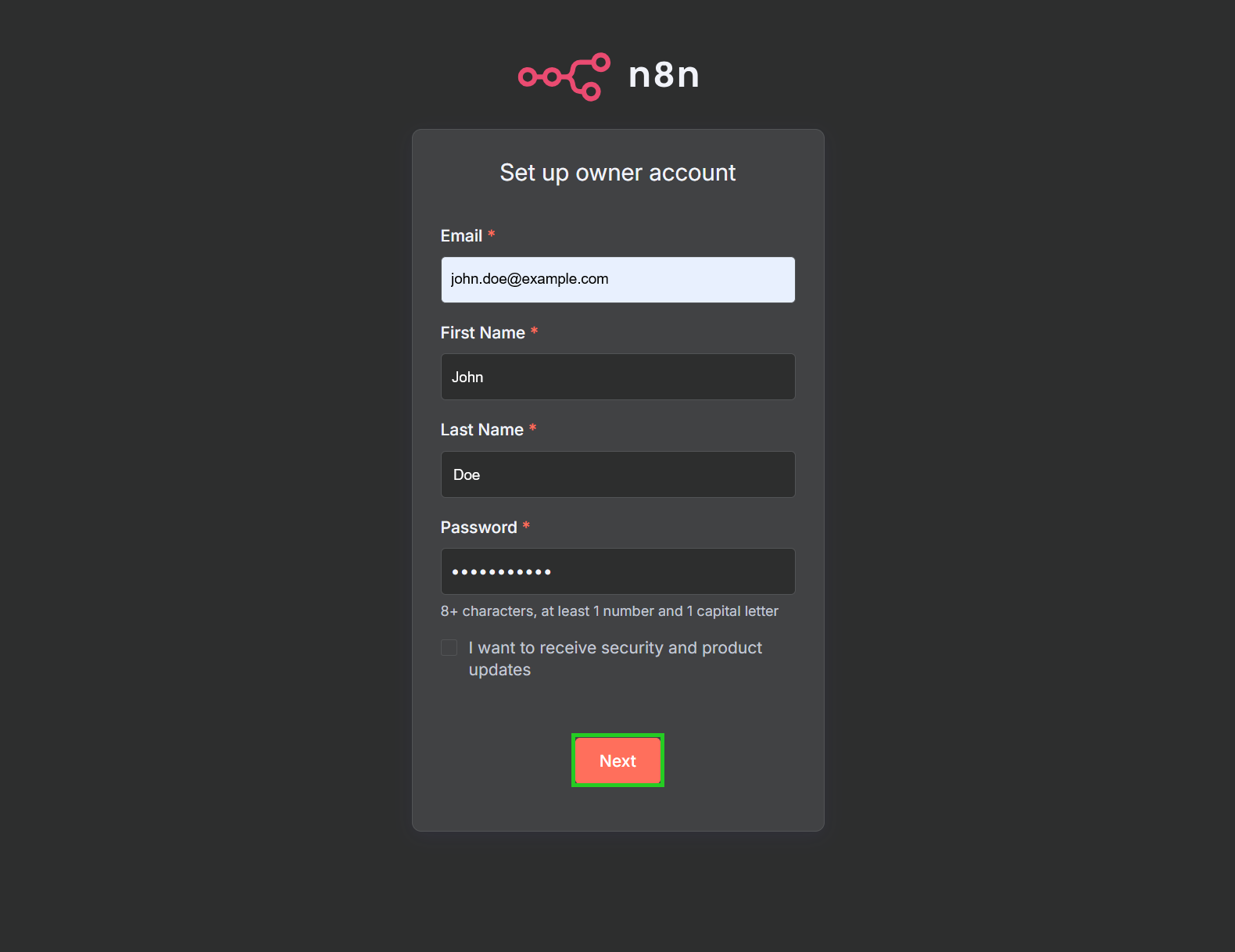 The n8n Set up owner account page with the Next button highlighted.