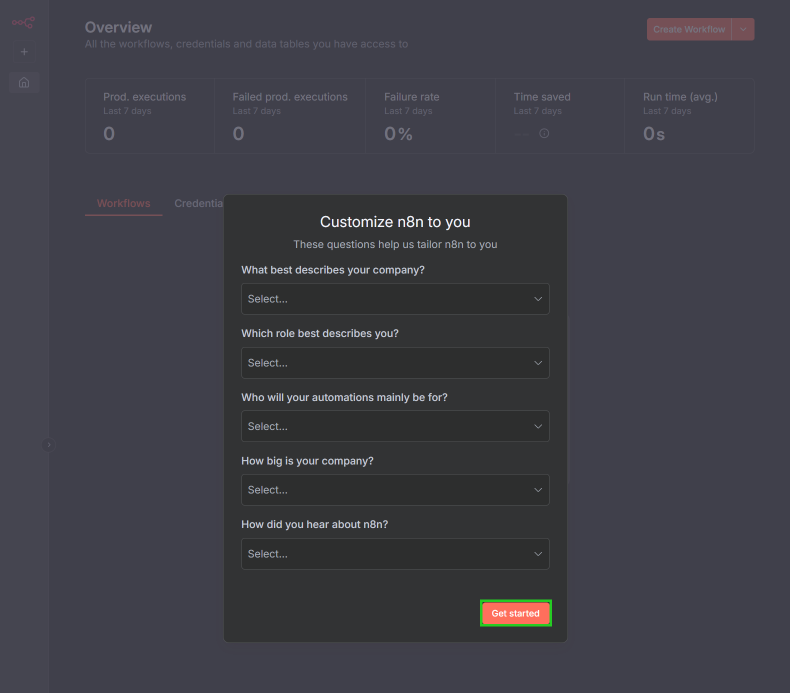 The Customize n8n to you window with the Get started button highlighted.