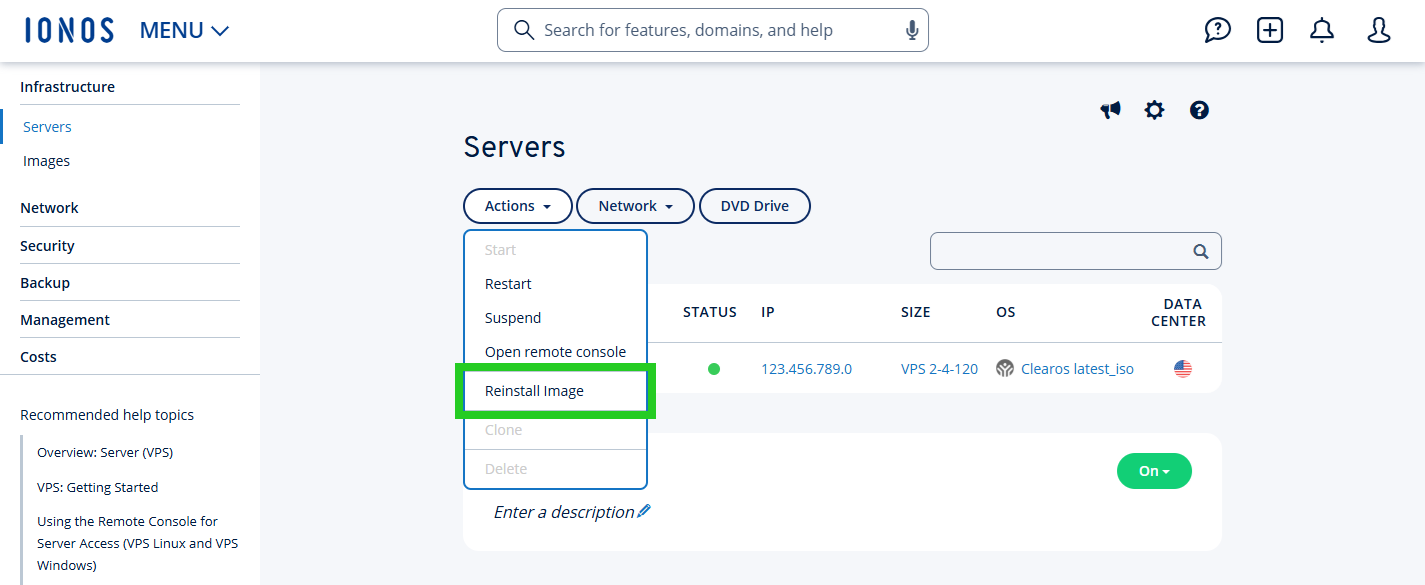 The Reinstall Image option is highlighted in the Actions menu.