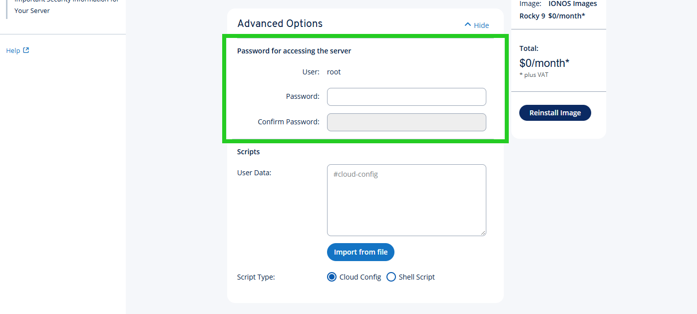 The password input fields are highlighted in the Advanced Options section.