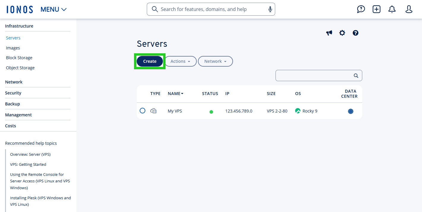 The Create button is highlighted in the Servers section of the Cloud Panel.