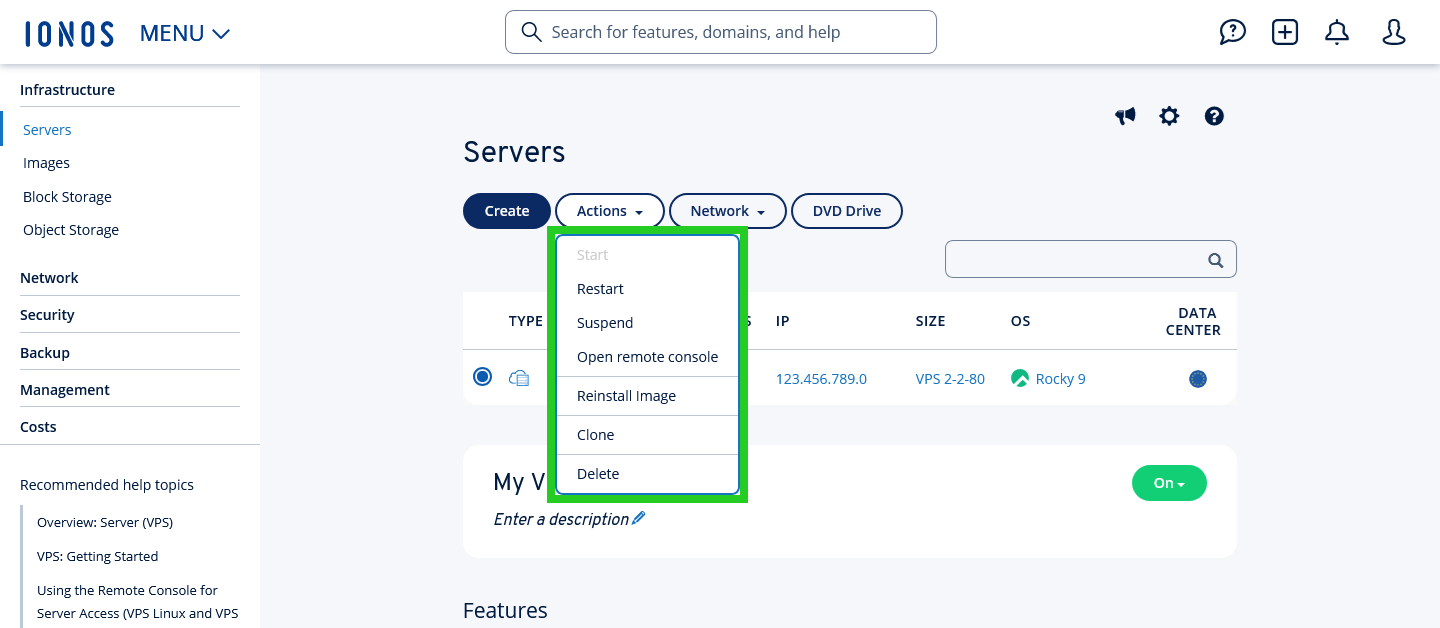The Actions menu is highlighted in the Cloud Panel.