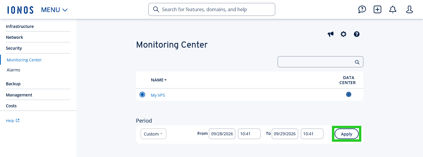The Apply button is highlighted on the Monitoring Center section of the Cloud Panel.