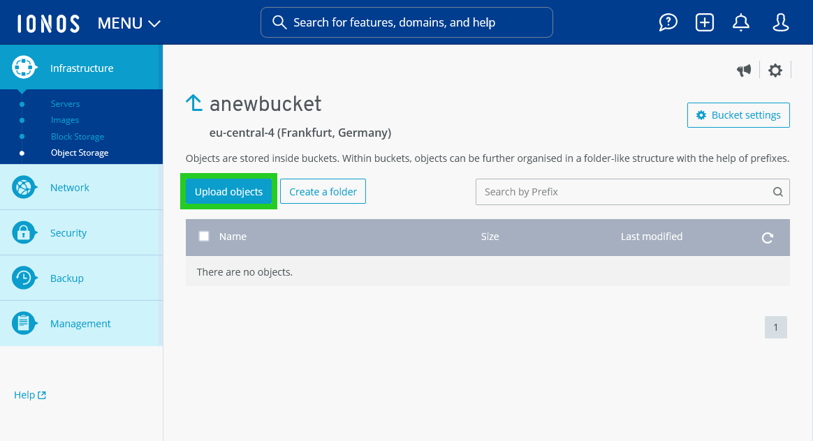 The Upload objects button is highlighted in the bucket section of the Cloud Panel.