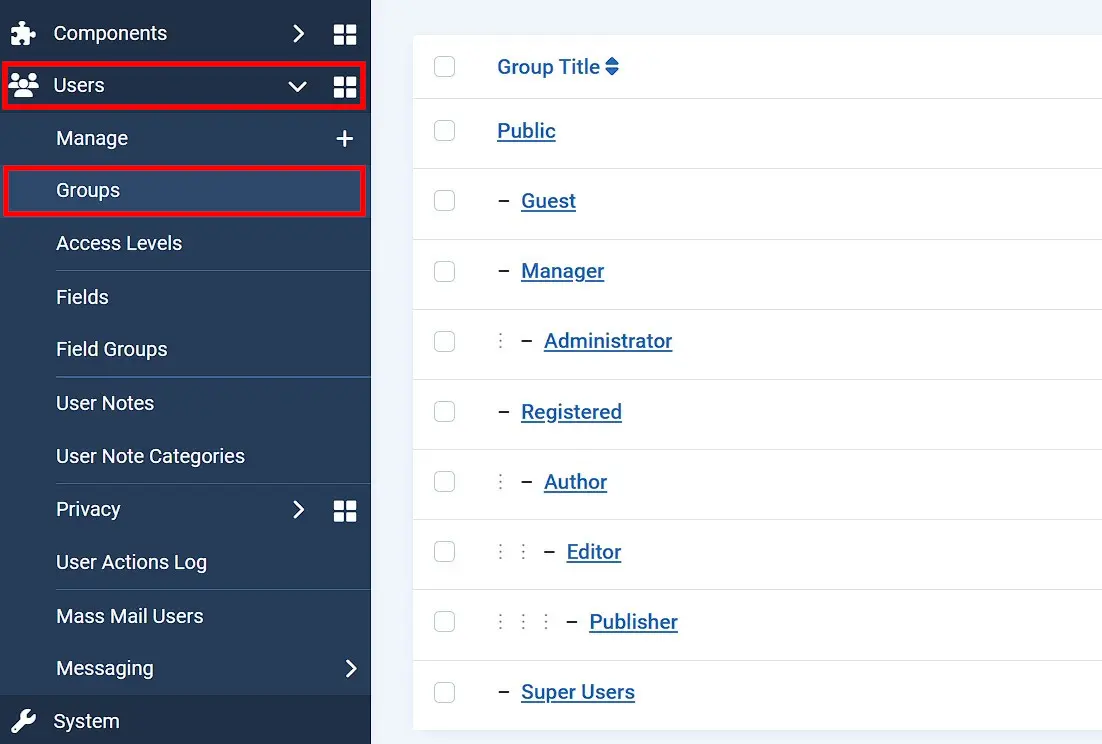Image: Predefined user groups in Joomla