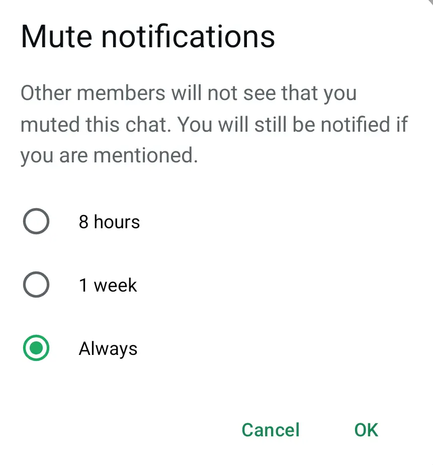 Image: Android screenshot of the mute function in WhatsApp