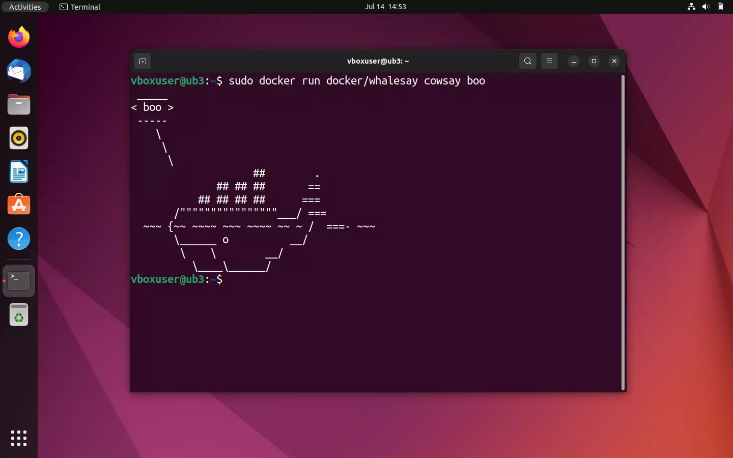 Image: Terminal output of the container docker/whalesay: The whale says ‘boo’