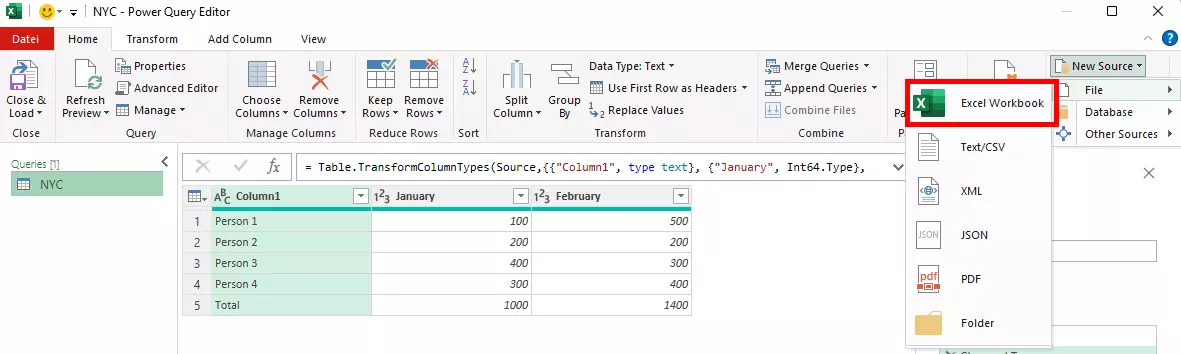 Image: Import an Excel table via ‘New source’, ‘File’ and ‘Excel’