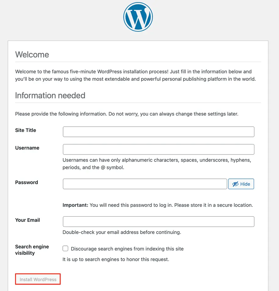 Image: Screenshot of the WordPress installation: site info