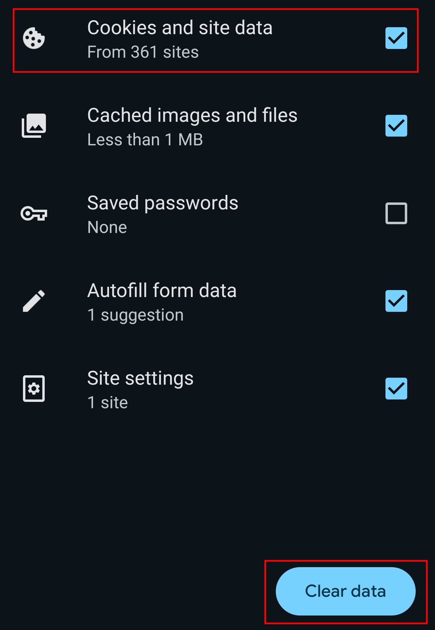 Image: Clearing cookies in the Android Chrome app