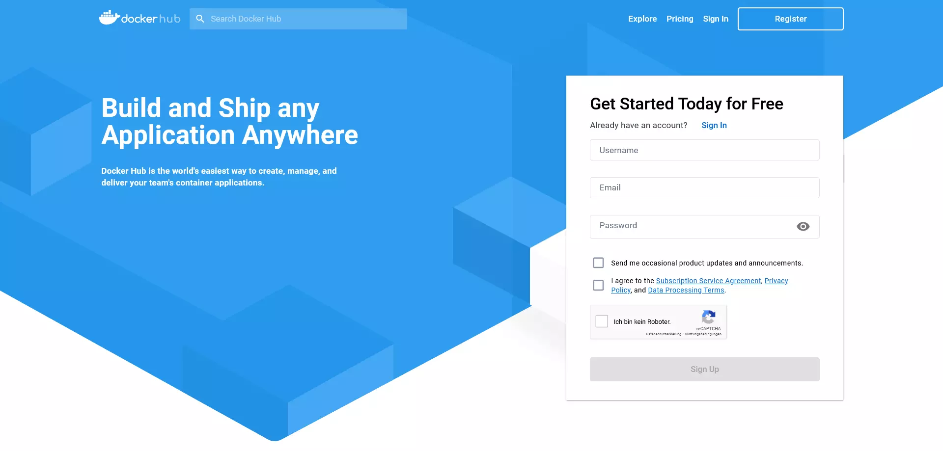 Image: The Docker hub: Registration