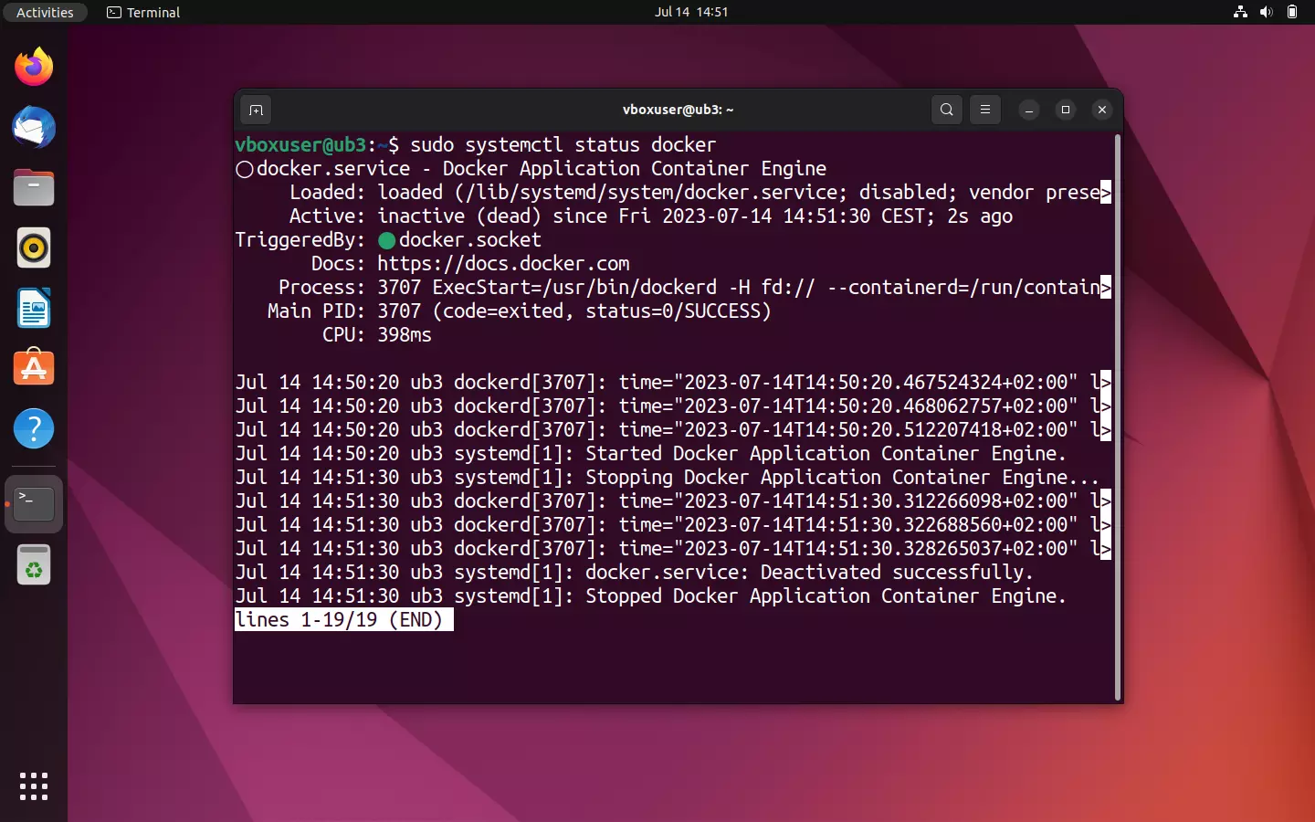 Image: The status query via systemctl shows: The Docker engine is inactive (dead)