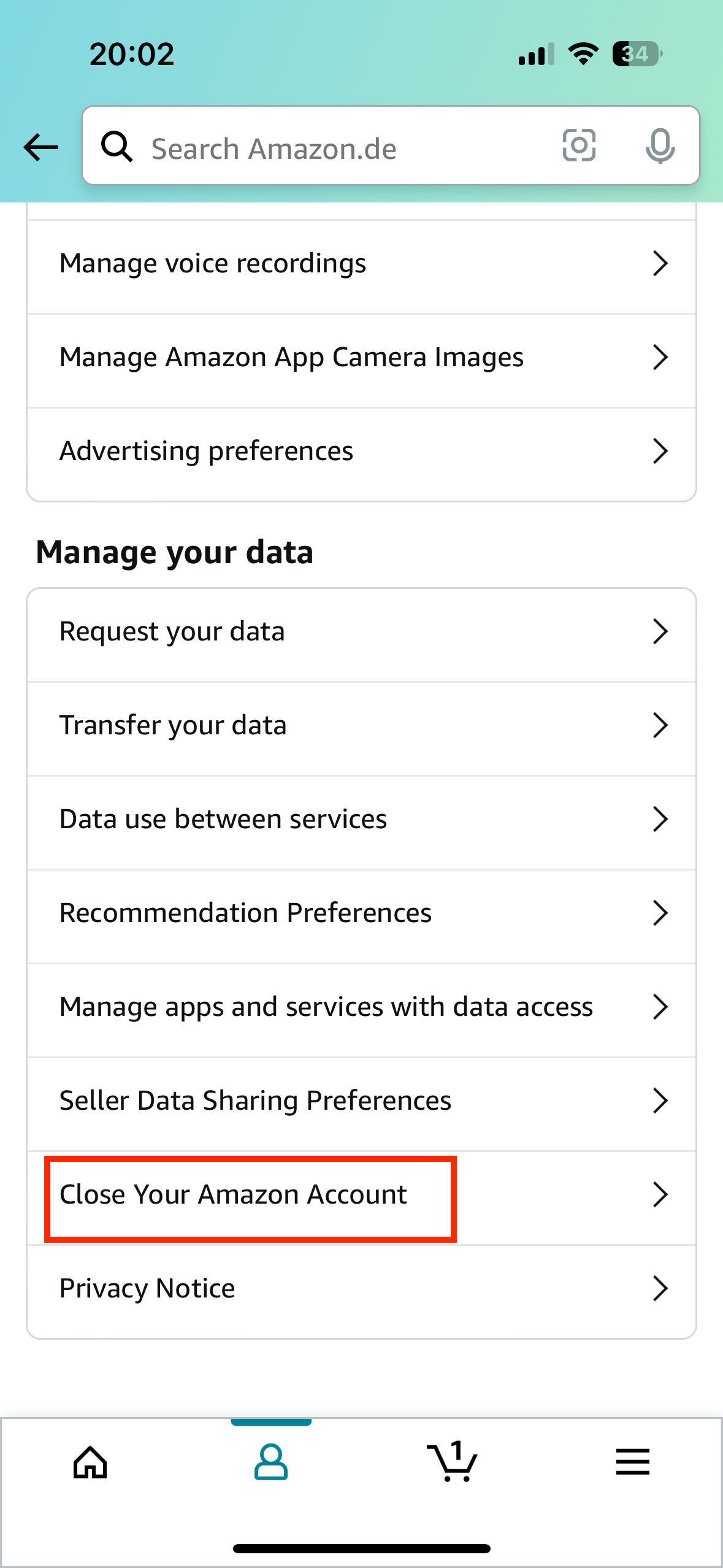 To delete your account, go to ‘Manage your data’ in the menu. Afbeelding: To delete your account, go to ‘Manage your data’ in the menu.