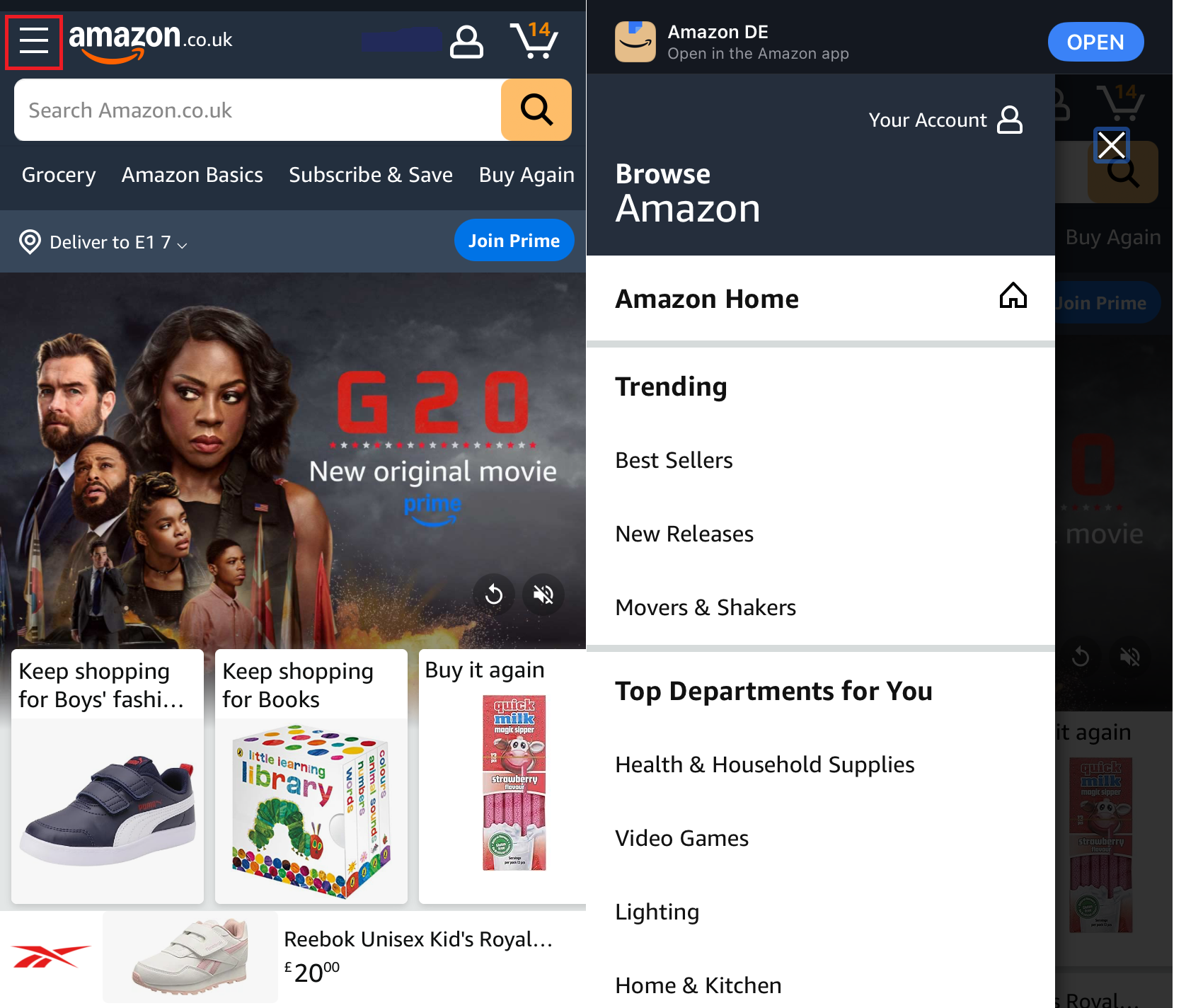Dropdown navigation on the Amazon website Afbeelding: Dropdown navigation on the Amazon website