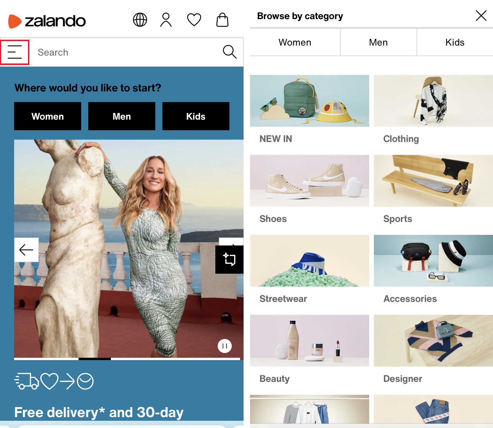 Grid navigation in the Zalando shop Afbeelding: Grid navigation in the Zalando shop