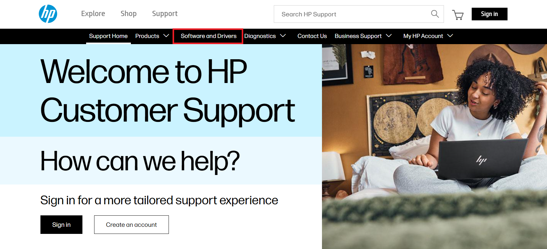 HP website: Software and Drivers Afbeelding: HP website: Software and Drivers