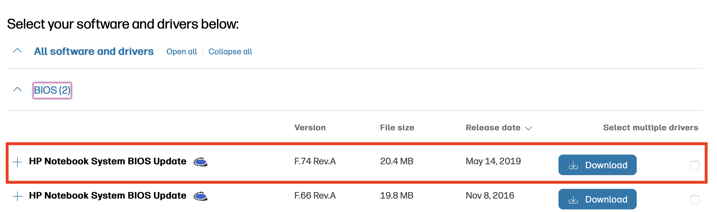 HP website: Select BIOS update Afbeelding: HP website: Select BIOS update